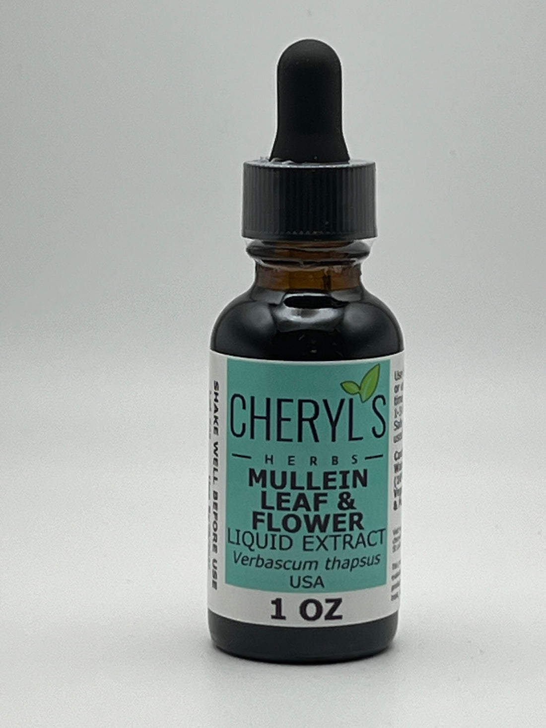 Cheryl's Herbs Mullein Leaf & Flower Liquid Extract bottle with a white background