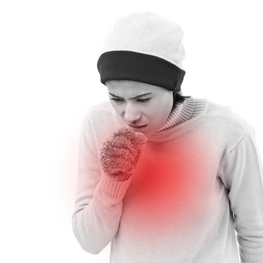 a women wearing a sweater and knit hat while suffering from a dry cough causing tightness in her chest into her hand w